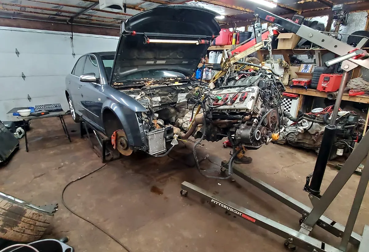 Engine removed from a vehicle during major drivetrain work